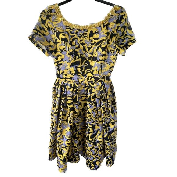 Muse African Print Sequin Scoop Neckline 50s Pleated Lined Statement Dress 2 - Picture 1 of 6